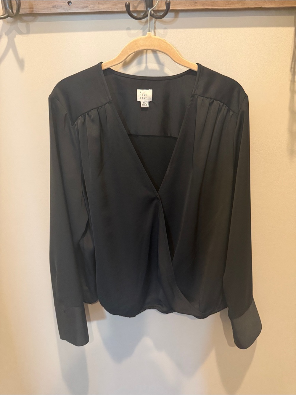 Satin Black Draped V-Neck Women's Blouse